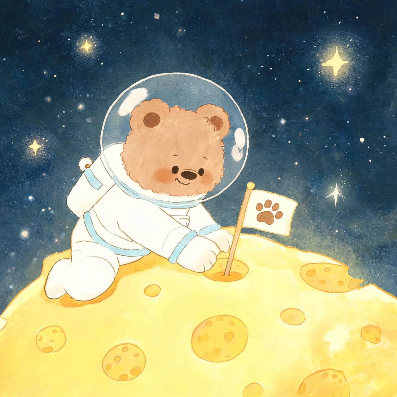 Children's book illustration of a bear astronaut planting a yellow flag on a cheese moon, generated with Seedream v5 Lite on the Imgica AI image generator