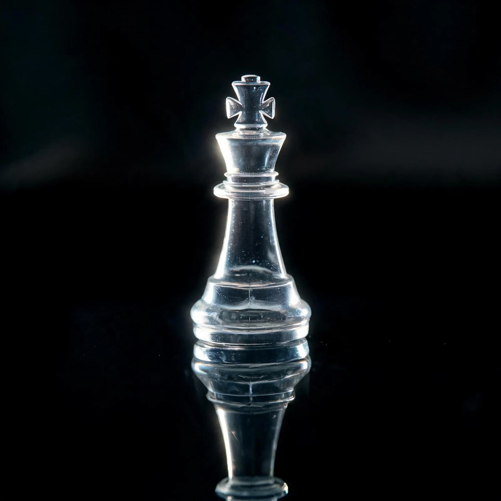Macro product photograph of a translucent glass chess queen on a black mirror surface, generated with Seedream v5 Lite on the Imgica AI image generator