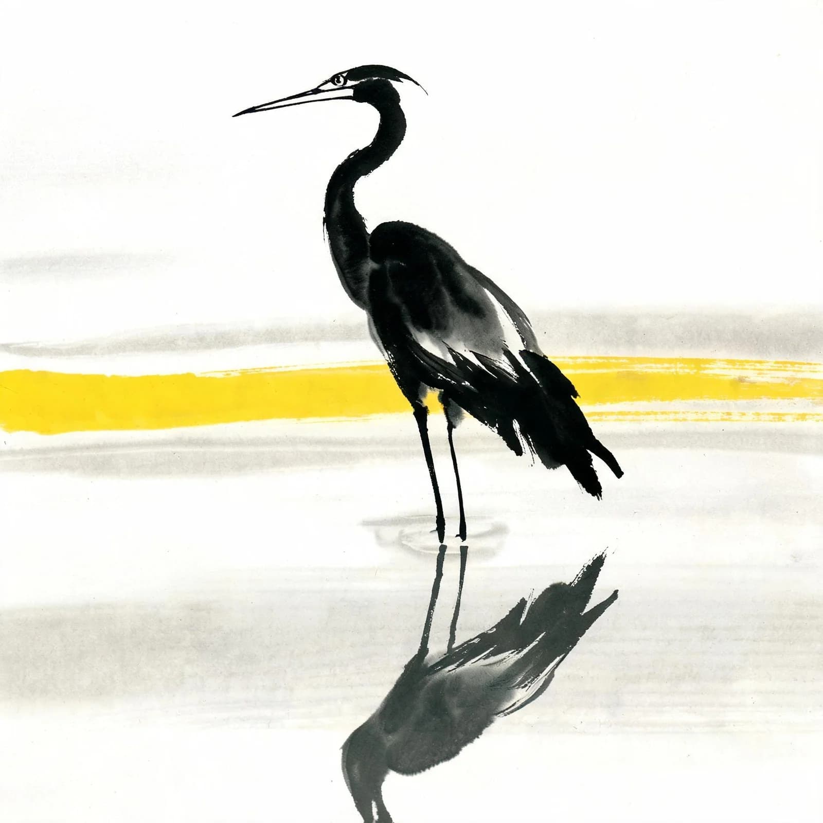 Black ink brush painting of a heron in still water with one yellow brushstroke, generated with Seedream v5 Lite on the Imgica AI image generator