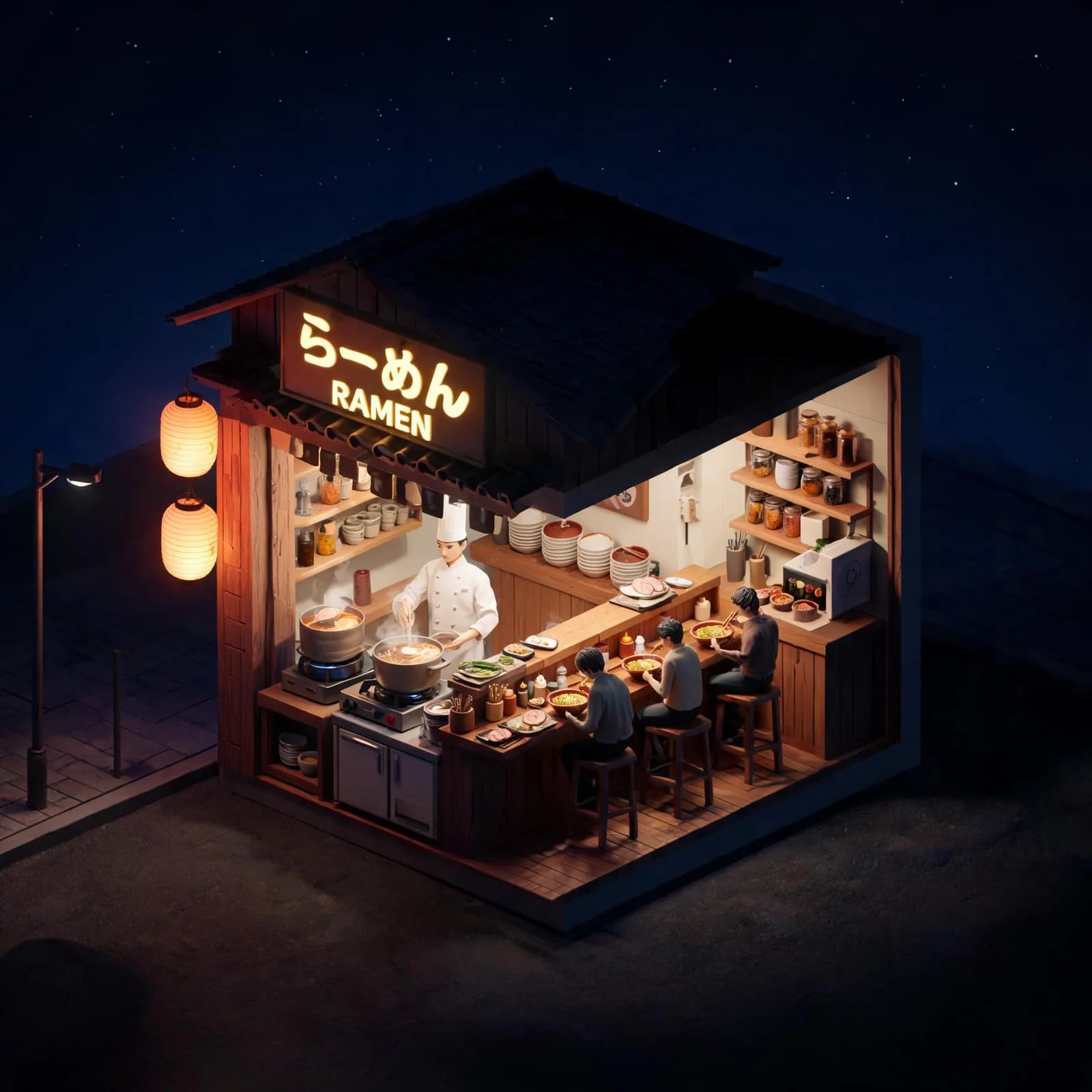 Isometric miniature cutaway of a tiny ramen shop at midnight, generated with Seedream v5 Lite on the Imgica AI image generator