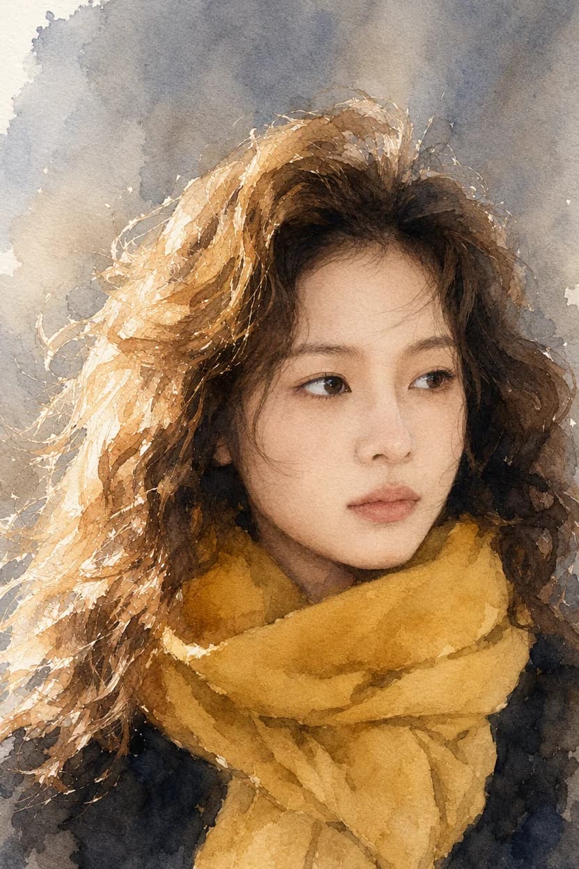The same portrait rewashed with the Watercolor AI photo filter