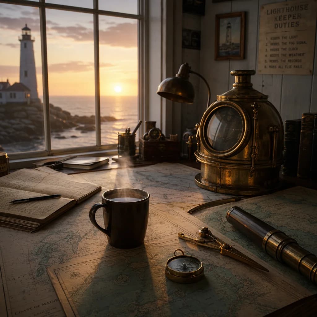 A lighthouse at sunrise seen through a paned window, with an open logbook, brass lamp and instruments around a steaming mug, generated by GPT Image 2 on Imgica AI