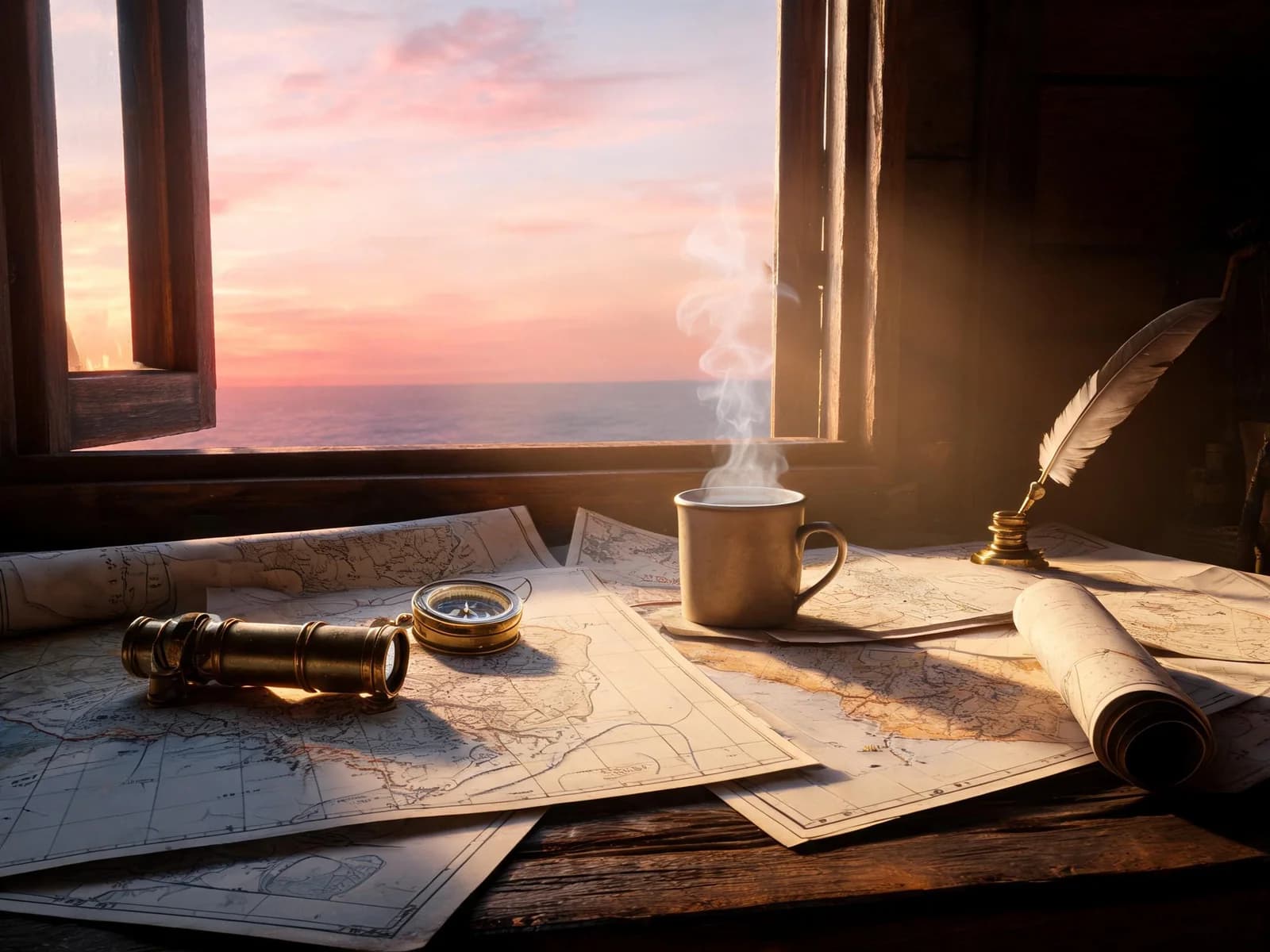 Dawn through an open window over the sea, scattered maps, a brass telescope and compass, and a steaming mug on a lighthouse keeper's desk, generated by Seedream v5 Lite on Imgica AI
