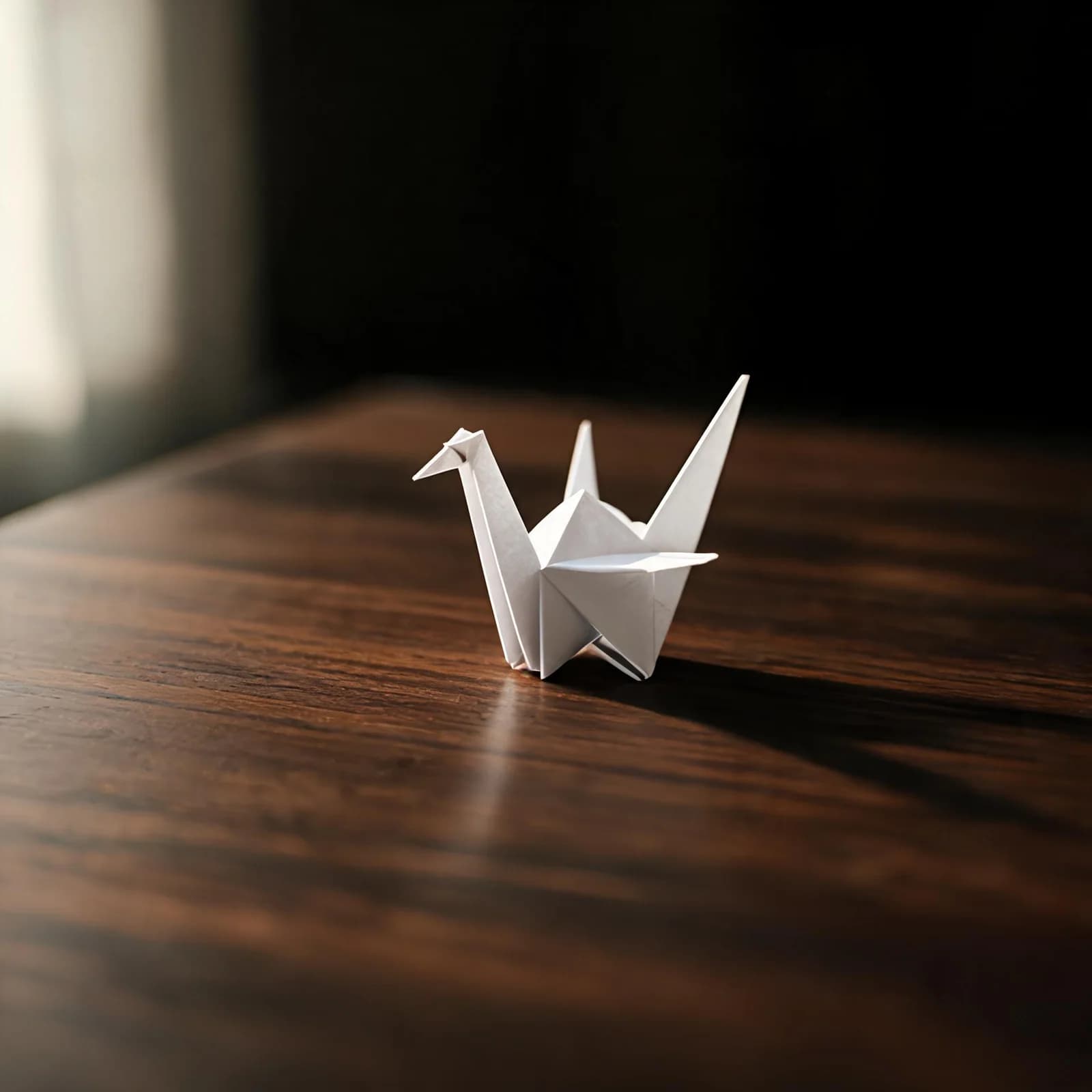 Reference frame one: a white origami crane on a dark wood table
