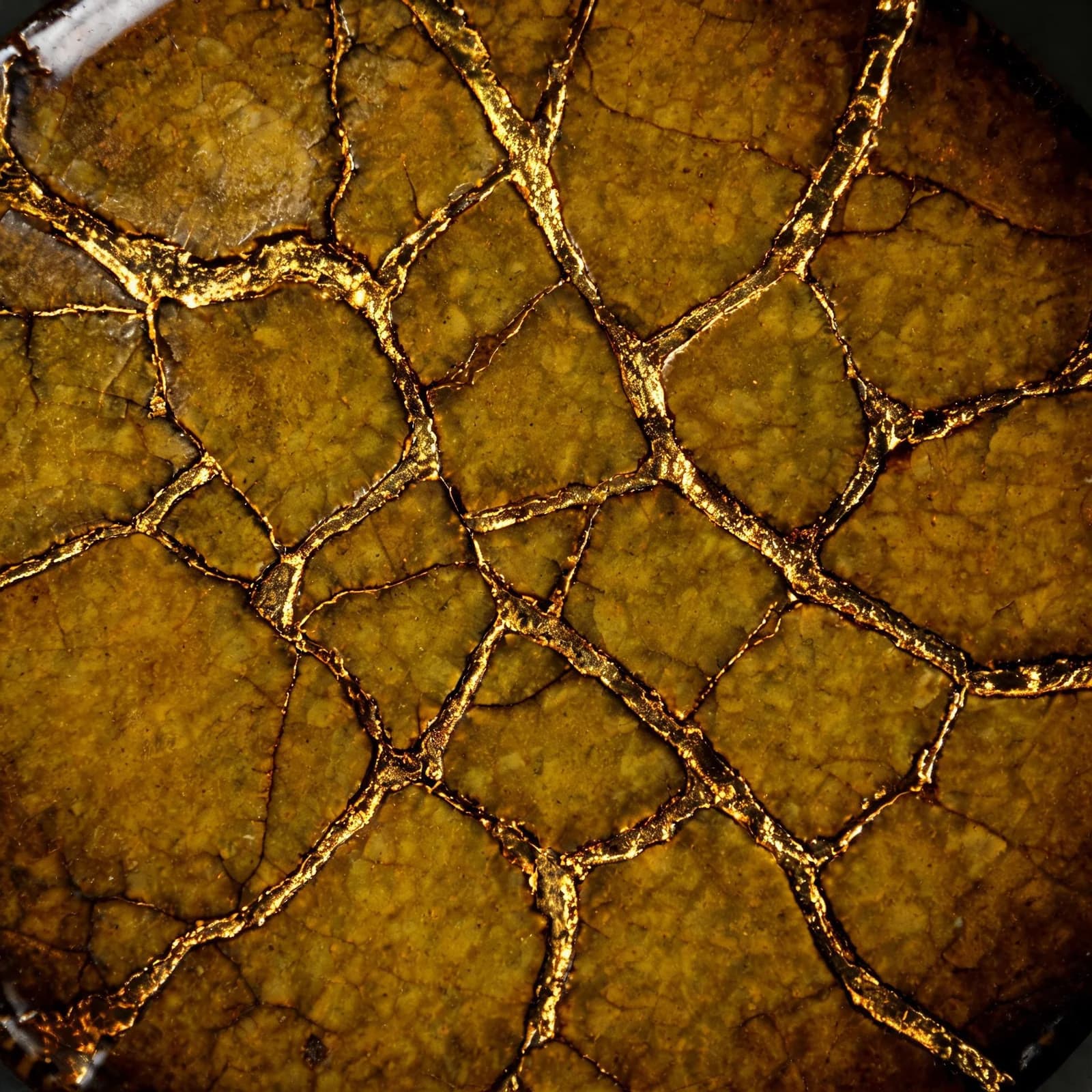 Reference frame two: cracked ceramic glaze veined with gold