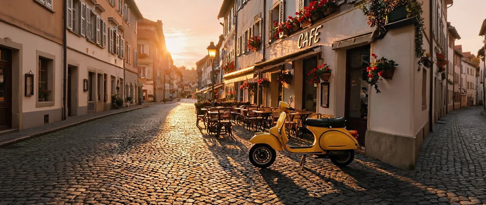 A cobbled street at sunset grown out to a 21:9 frame by EA Edit