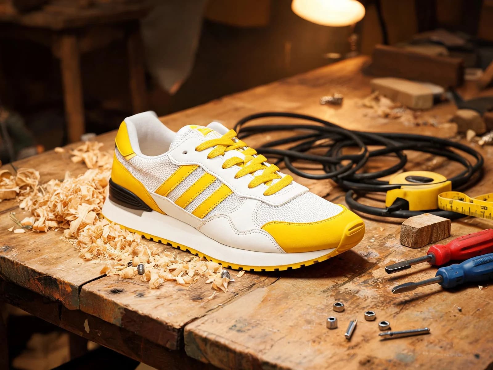 A yellow and white sneaker on a cluttered workbench, before background removal
