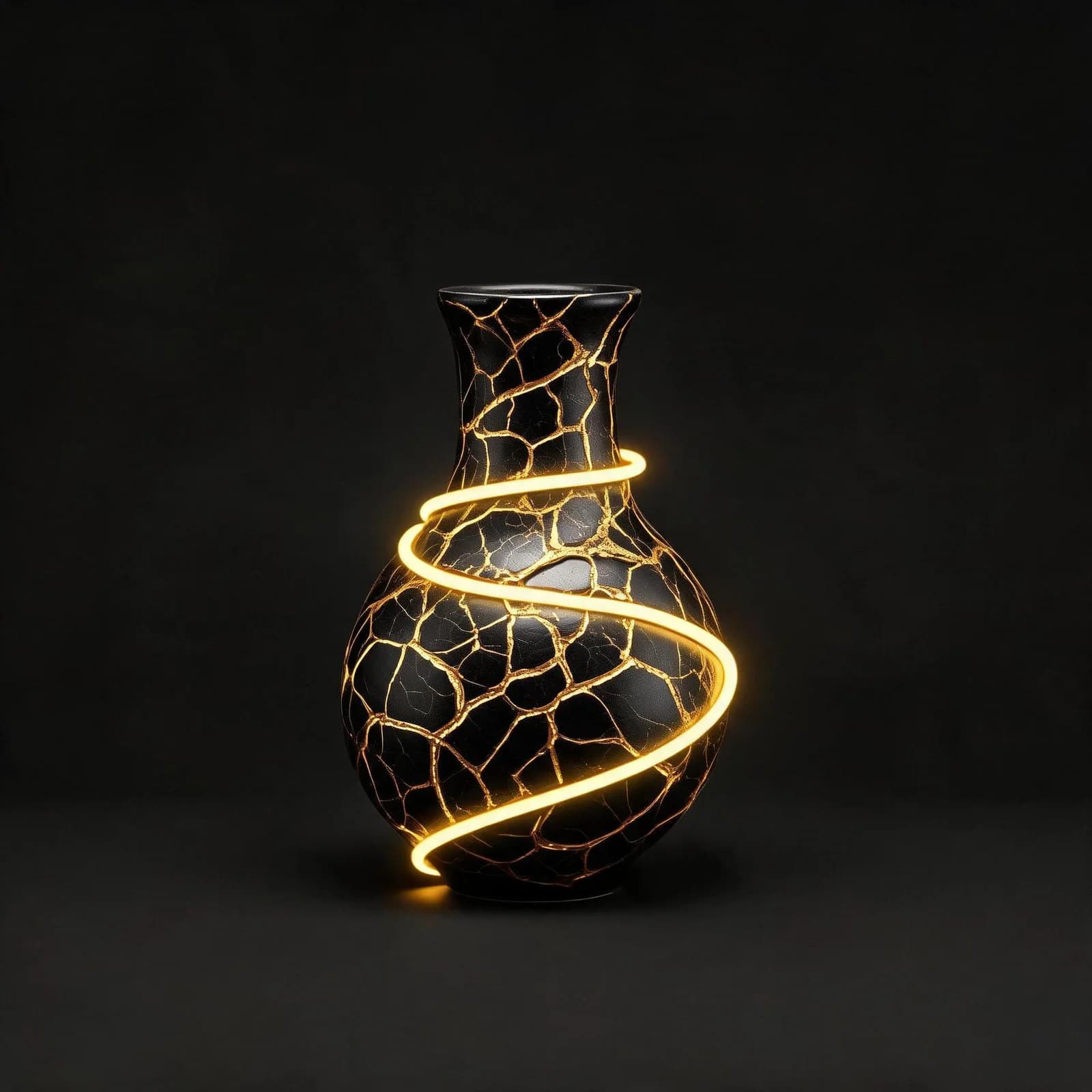 The real Seedream v5 edit: the same black vessel, now covered in cracked gold kintsugi glaze, blended from the two reference frames on Imgica AI