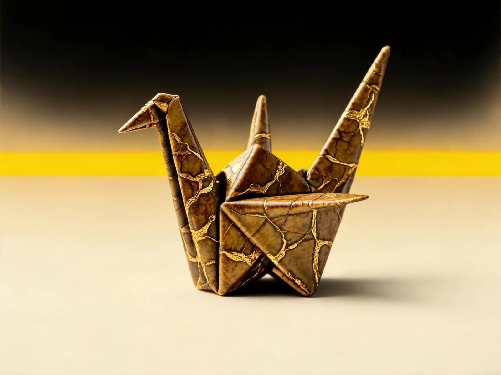 The origami crane rebuilt in gold-cracked glaze on the striped palette, blended from three reference images with Seedream on Imgica AI