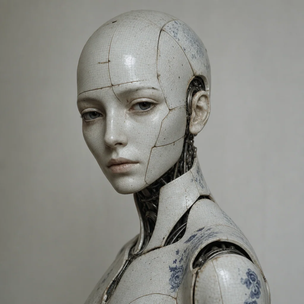 Editorial portrait of a ceramic android, soft studio light, AI artwork made on Imgica AI