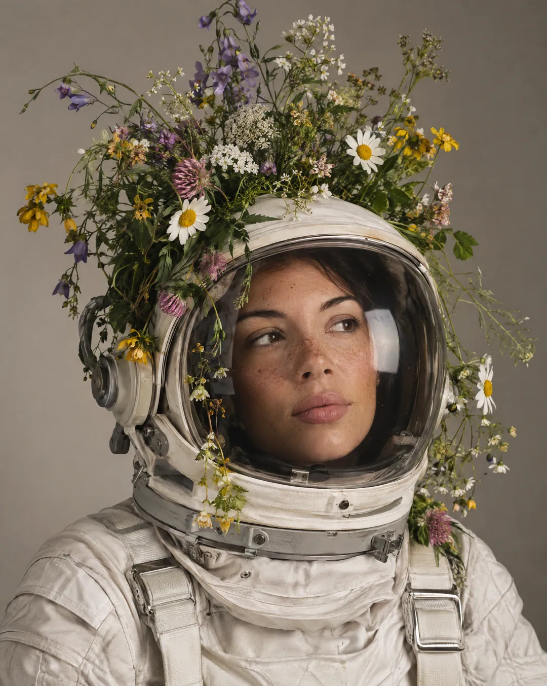 An astronaut with wildflowers growing from her helmet, studio portrait, made with Imgica AI