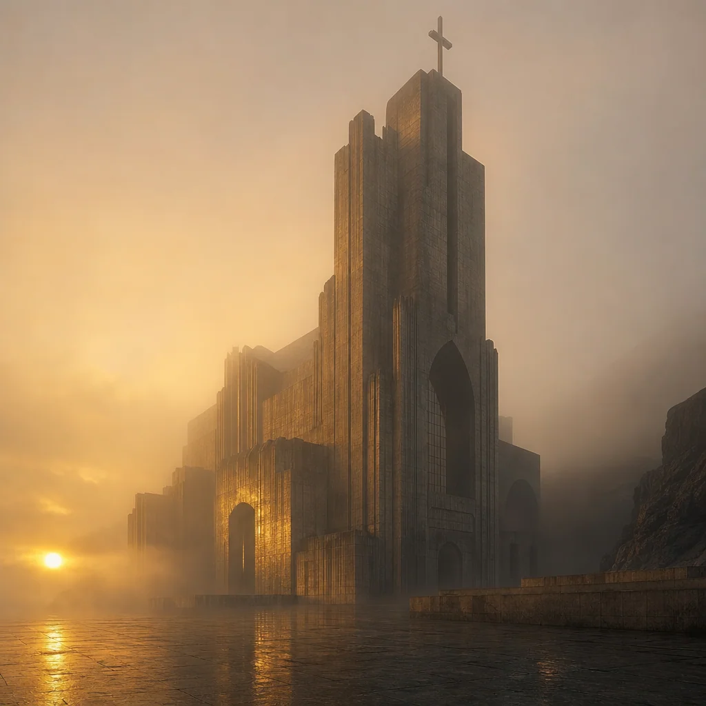 Brutalist cathedral in fog, golden hour, AI artwork made on Imgica AI
