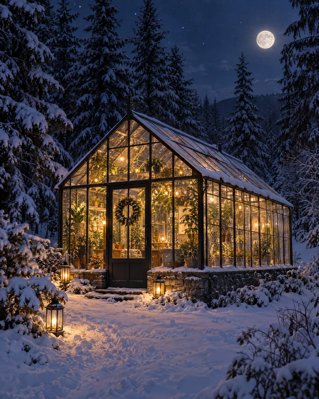 A glass greenhouse glowing in a snowy forest at night, made with Imgica AI