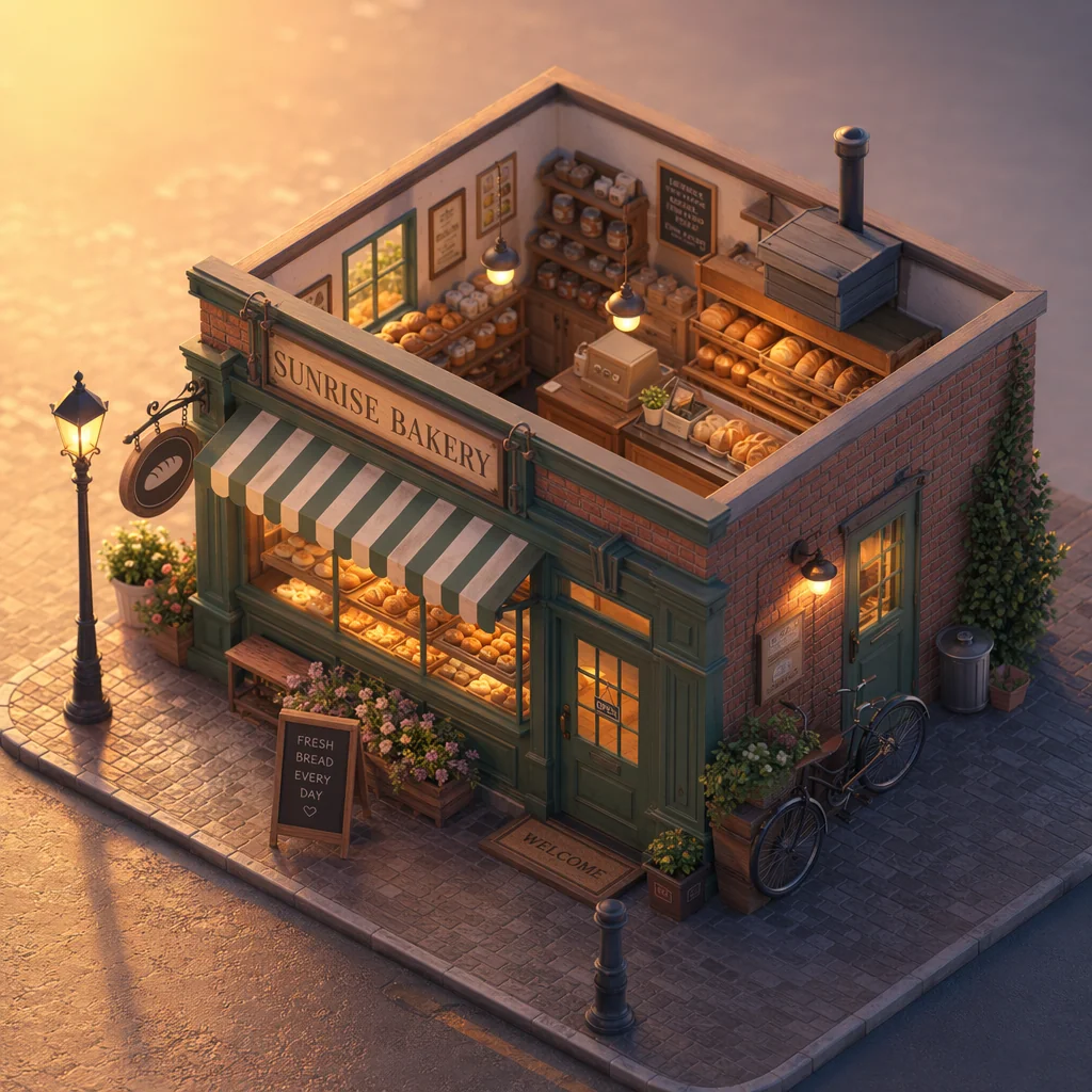 Isometric tiny bakery at dawn, warm 3D render, AI artwork made on Imgica AI