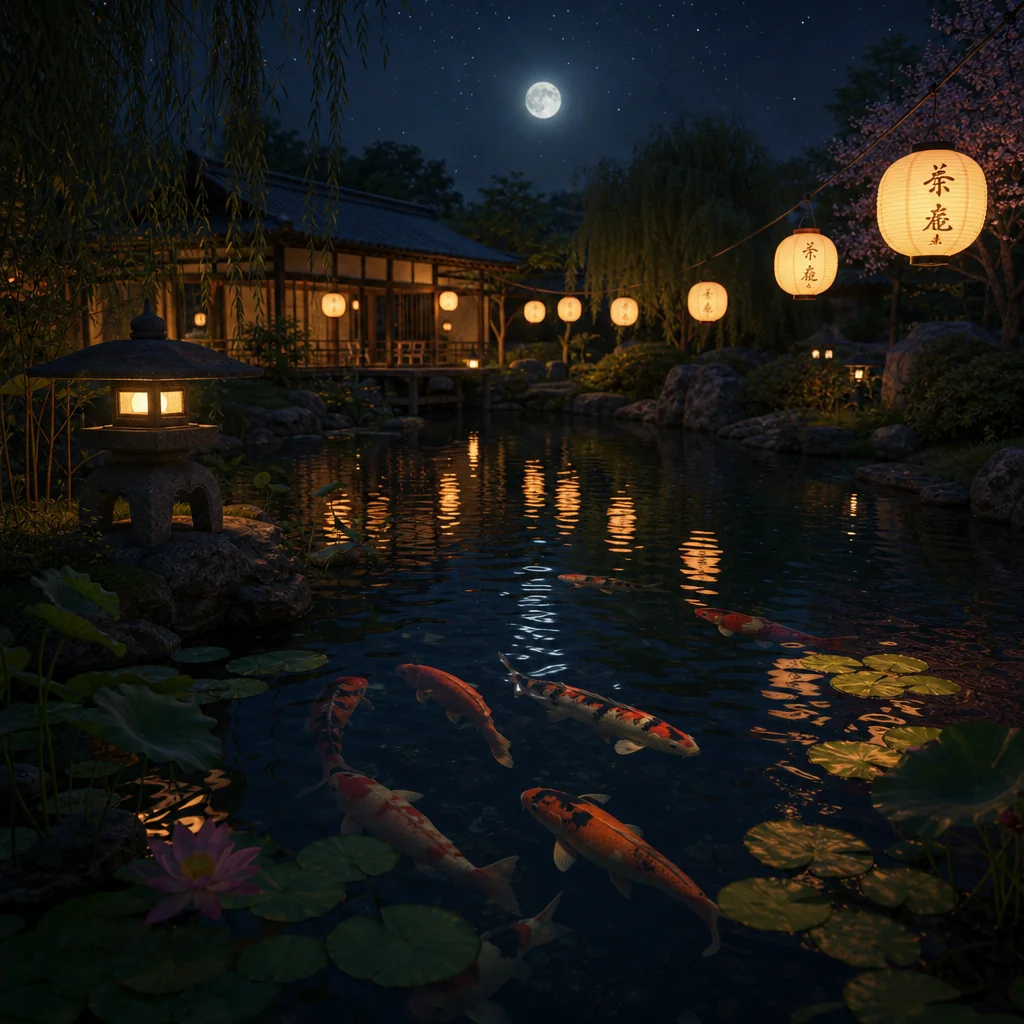 A koi pond at midnight, paper lanterns glowing, generated on Imgica AI