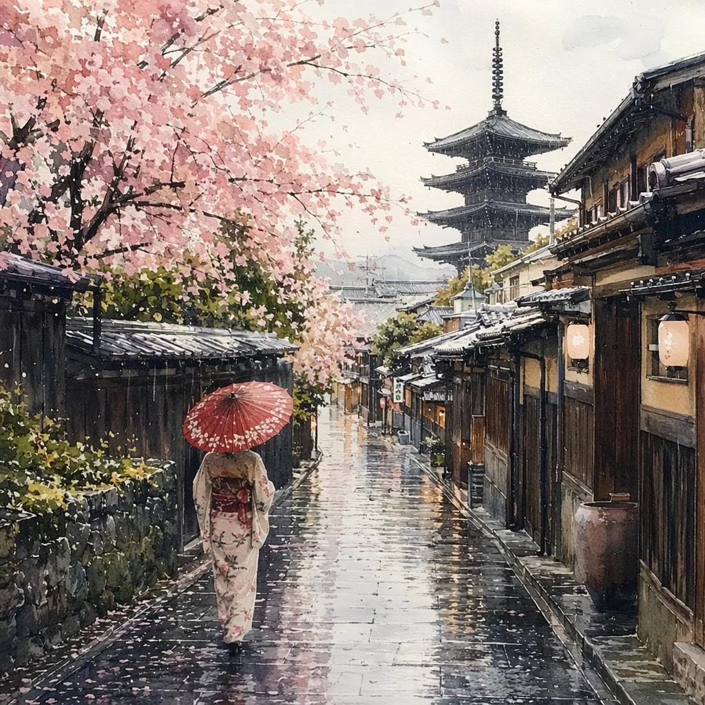 Watercolor alleyway in Kyoto, spring rain, AI artwork made on Imgica AI