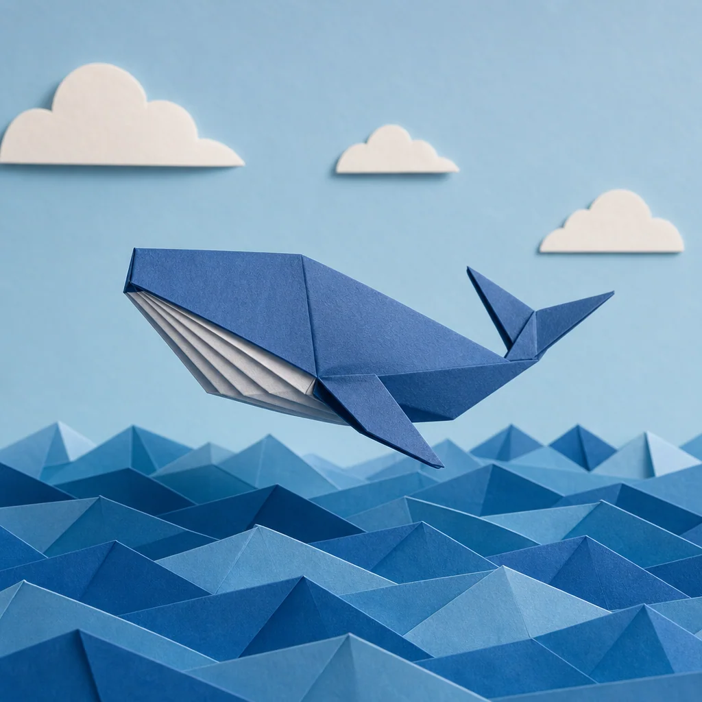 Origami whale drifting over a paper ocean, AI artwork made on Imgica AI