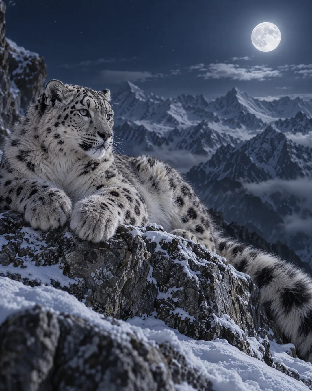 A snow leopard resting on a moonlit mountain ridge, fine fur detail, made with Imgica AI