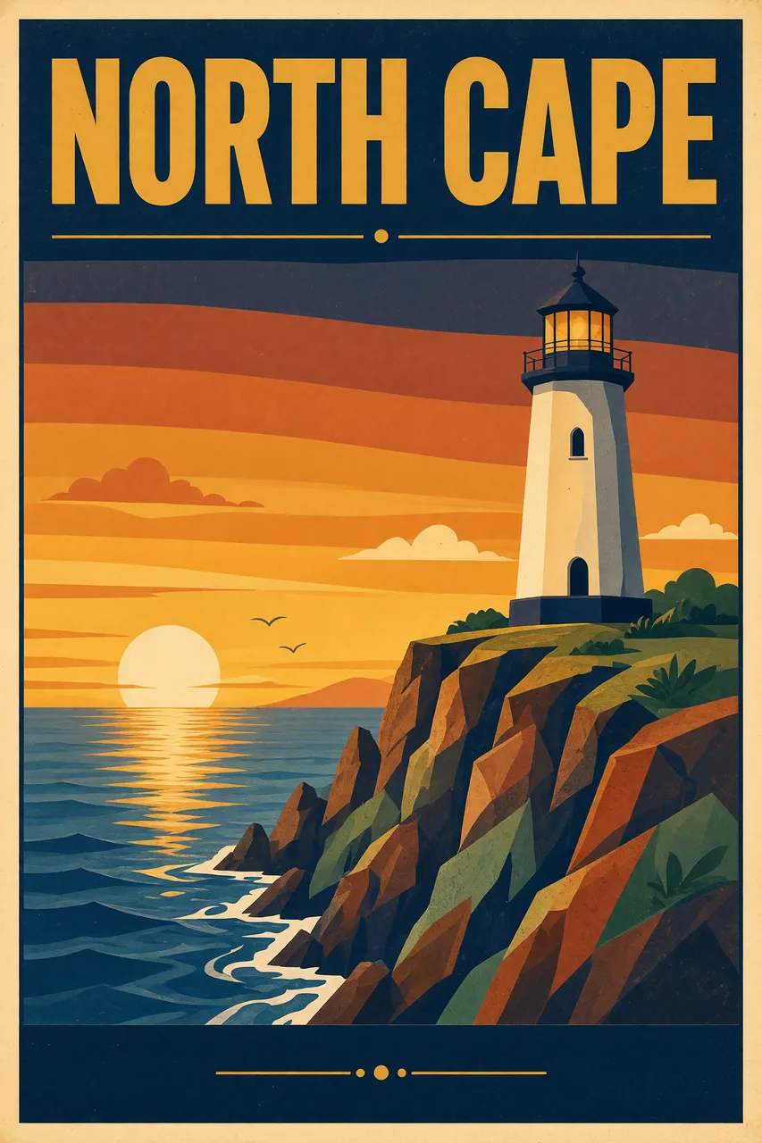 A retro travel poster of a lighthouse on a cliff, bold flat colors, sunrise, clean typography that reads NORTH CAPE.