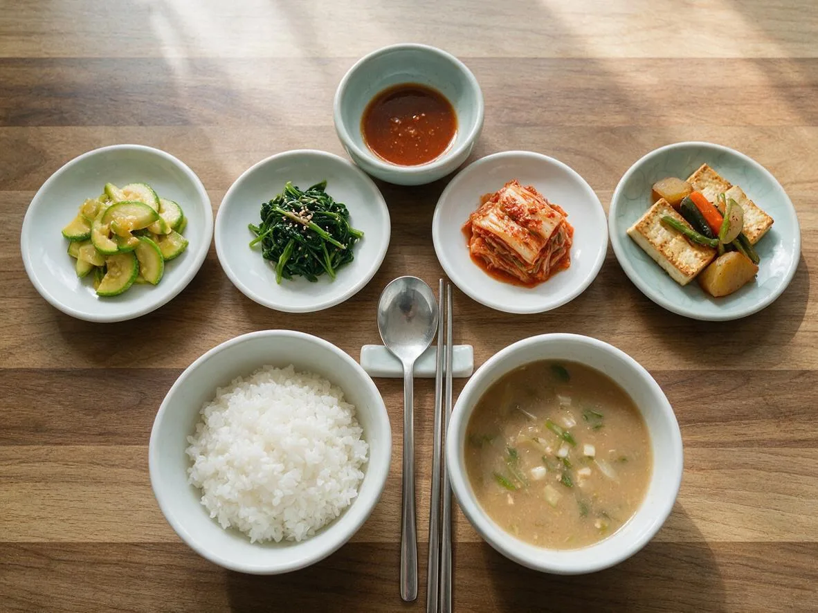 Overhead flat lay of a Korean breakfast spread on a wooden table, soft morning light, natural colors.